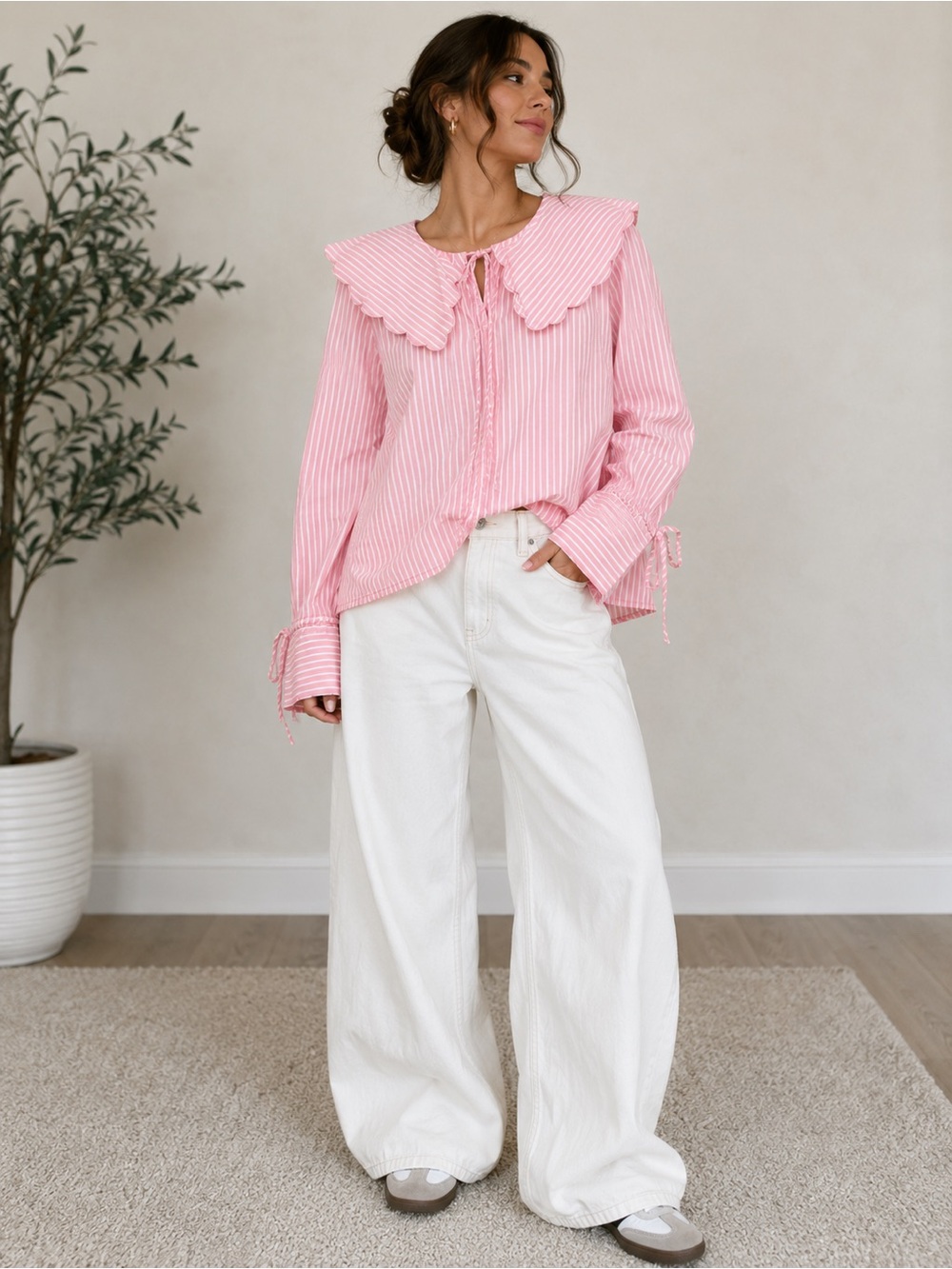 Pink Striped Scalloped Collar Blouse - Women Tops